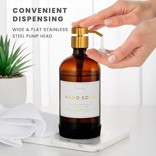 Hand and Dish Soap Dispenser for Kitchen and Bathroom, Set of 2 16 Oz Glass Bottles, Stainless Steel Pumps, Non-Slip Silicone Base, 27 Waterproof Labels (Amber Bottle/Brushed Gold Pump) thumbnail 5