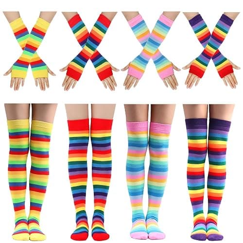 Ibeauti 8 Pcs Womens Striped Knee High Socks Stockings Y2K Goth Knitted Long Arm Warmer Fingerless Gloves Set - Image 1