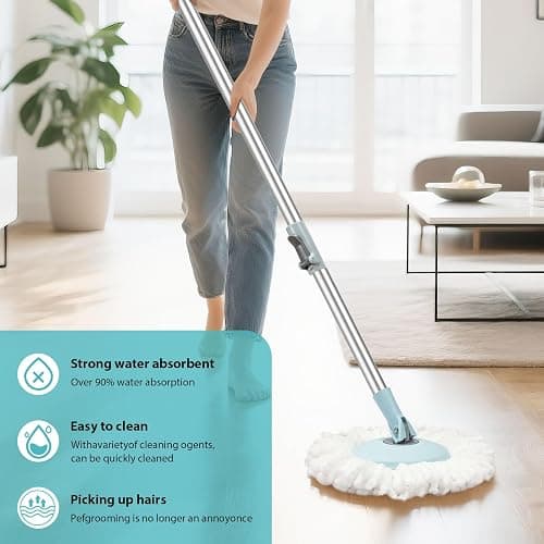 Spin Mop and Bucket with Wringer Set, 360° Spinning Mop Bucket System with 3 Microfiber Mop Replacement Heads, Adjustable Handle for Floor Cleaning (Light Blue) thumbnail 3