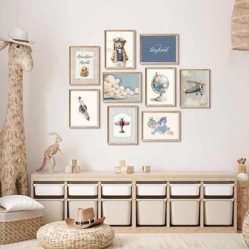 Teddy Bear Nursery Wall Art Decor Baby Boys Room Canvas Poster Vintage Nursery Wall Decor Navy Blue Kids Room Prints Airplane Pictures Travel Bear Painting Artwork for Bedroom 12x16x9 Inch Unframed thumbnail 3