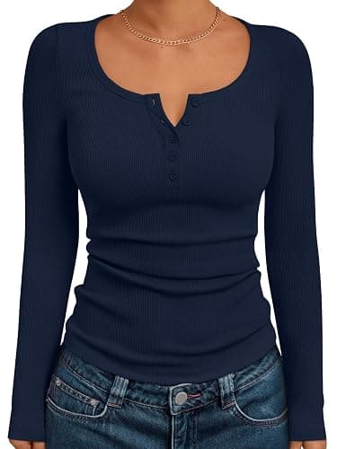 Trendy Queen Long Sleeve Shirts for Women Henley Ribbed Fall Tops Dressy Business Casual Teen Girl Winter Cute Basic Tees - Image 1