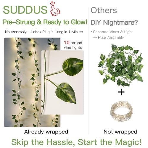 suddus 200 LED Vine with Light Plug in, 6.5ft x 6.5ft Pothos Fairy Curtain Lights with Remote, Leaf Fairy Lights for Wall,Bedroom, Dorm, Wedding, Party, Indoor Decor(Warm White) thumbnail 3