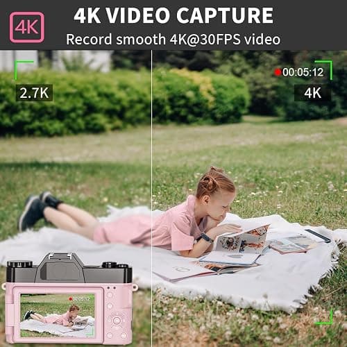 4K 56MP Digital Camera for Photography NIKICAM Vlogging Camera for YouTube with 180° Flip Screen, WiFi,16X Digital Zoom, 52mm Lens, 2 Batteries, 32GB Micro SD Card(Pink) - Pink thumbnail 4