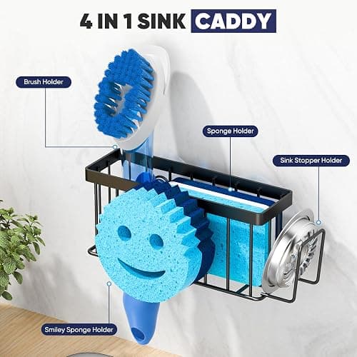 MURLONG Sponge Holder for Kitchen Sink,Sink Caddy Smiley Face,4-in-1 Sponge Holder with Suction Cups & 1 PCS Adhesive Strips for Holding Soap,Brush,Scrubber,Sponge,Stopper-Black thumbnail 5