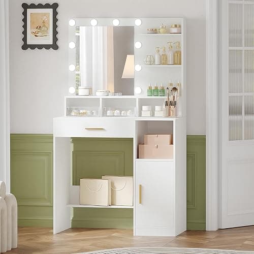 Hzuaneri Vanity Desk with Mirror and 10 LED Lights, Makeup Vanity with 3 Shelves & 4 Open Compartments, Dressing Table with Large Drawer & Cabinet, 3 Adjustable Lighting Brightness, White VT08103XCA thumbnail 8