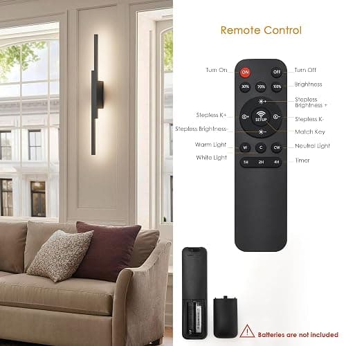 Aipsun Black Wall Sconces Set of Two Battery Operated Wall Sconces 3000K-6000K Dimmable LED Wireless Wall Lights for Living Room,Bedroom,10,000mAh,23.6Inch (2 Pack) thumbnail 9