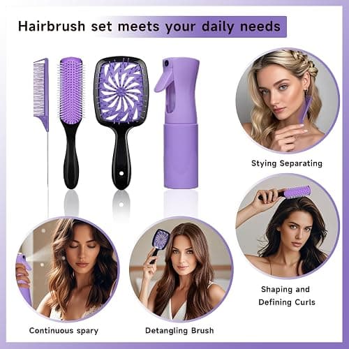11 Pcs Hairbrush Set, Detangle Hair Brush And Spray Bottle, 3 Pieces Smooth Hairbrush For Toddlers, Suitable For Wet and Dry Hairstyles, Suitable For Adults And Children. (Purple) thumbnail 7