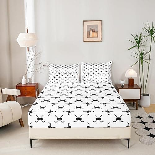 Ice Hockey Kids Sheet Full Size,Winter Ball Sports Games Competition Bedding Set,Girls Boys Adults Room Decor,Simple Modern Fashion Black White Bed Sheet Set 4pcs(Fitted + Flat + 2 Pillowcases) thumbnail 4