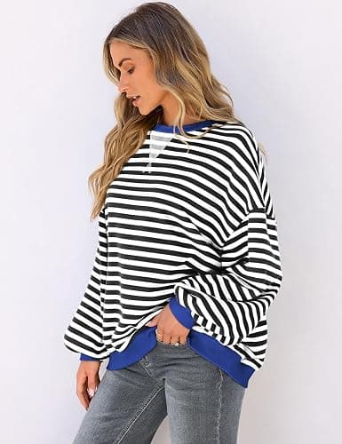 UEU Women Oversized Striped Crewneck Sweatshirt Long Sleeve Color Block Pullover Tops Casual Loose Workout Shirt thumbnail 4