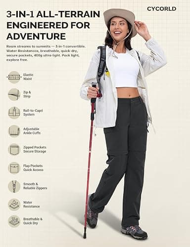 Cycorld Women's-Hiking-Pants-Convertible Quick-Dry-Stretch-Lightweight Zip-Off Outdoor Pants with 5 Deep Pockets thumbnail 8