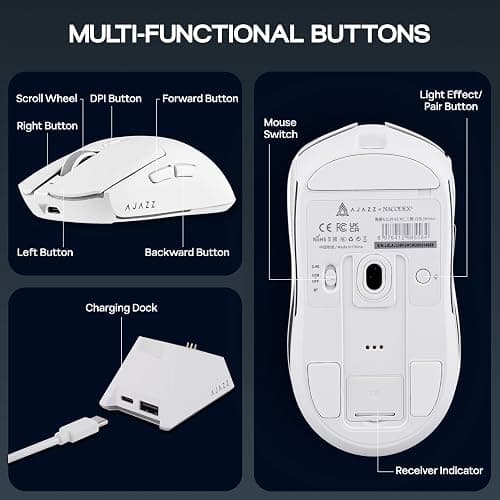 MechLands AJAZZ AJ139 V2 MC Gaming Mouse with Charging Base, Adjustable 12,000 DPI, PAW3311 Sensor, 3 Modes Wireless Mouse, 500mAh Battery, 1000 Polling Rate, 66g Lightweight, Win/Mac (White) thumbnail 7