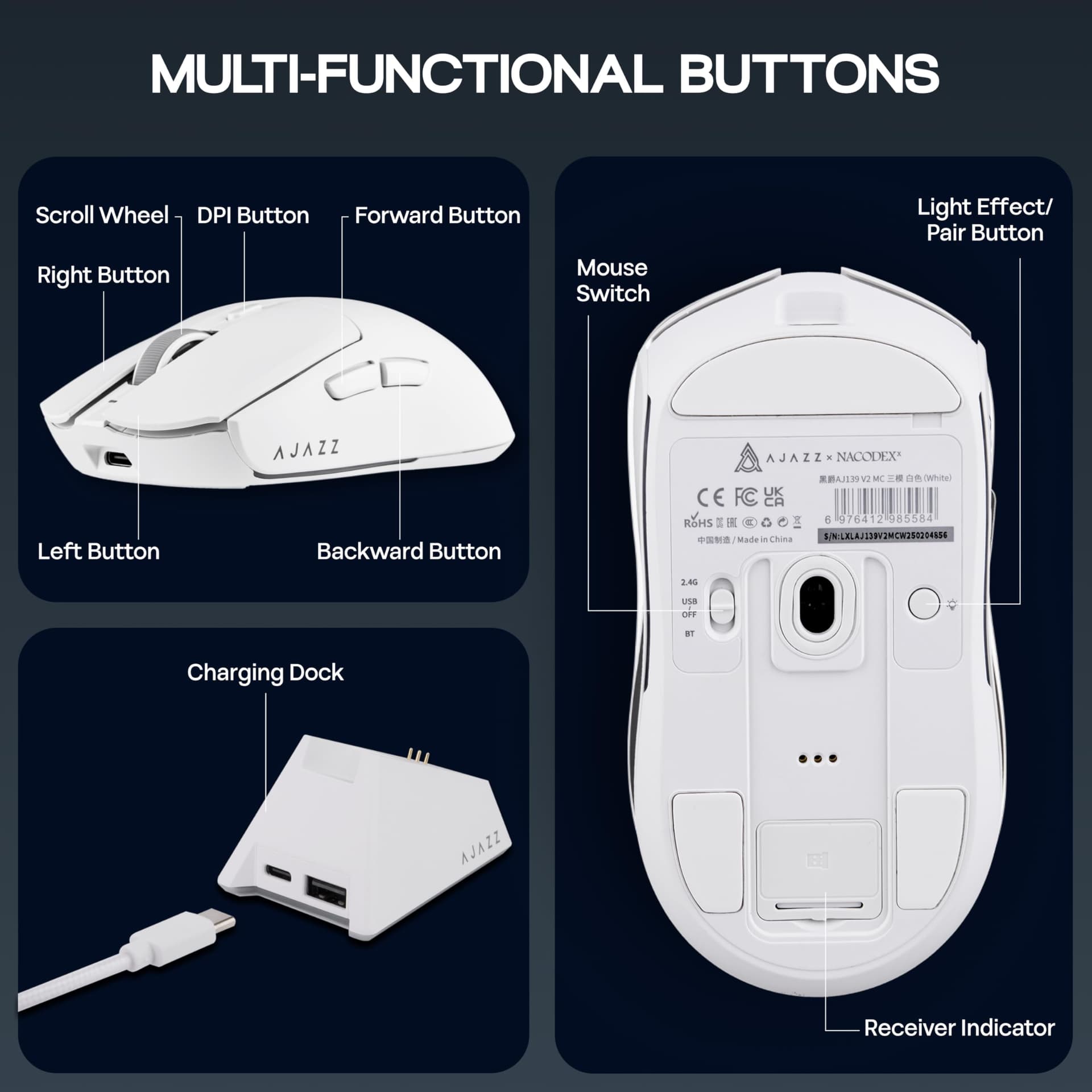 MechLands AJAZZ AJ139 V2 MC Gaming Mouse with Charging Base, Adjustable 12,000 DPI, PAW3311 Sensor, 3 Modes Wireless Mouse, 500mAh Battery, 1000 Polling Rate, 66g Lightweight, Win/Mac (White) thumbnail 7