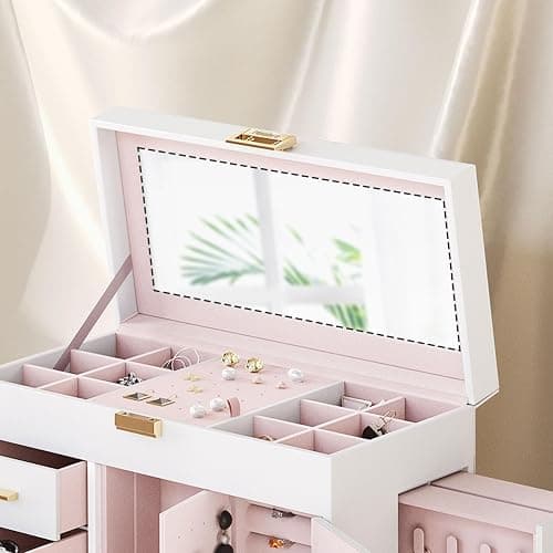HOOBRO Jewelry Box with Mirror, Jewelry Organizer Box with Capacious Storage Space, Jewelry Holder Organizer, Hand-Held Jewelry Case, Gift for Loved Ones, Modern Style, White and Light Gold WT06JB04G1 thumbnail 7