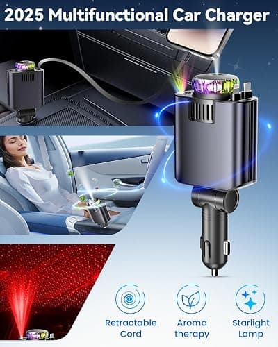 Retractable Car Charger with Air Freshener Diffuser & Star Lights,Multi Port Cigarette Lighter Adapter for iPhone Car Phone Charger USB-C/Type-C Fast Charging with 2 Retractable Cable,Car aromatherapy thumbnail 2