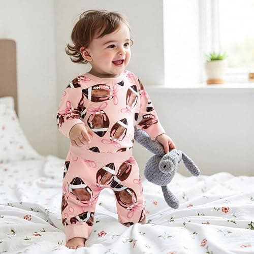 Toddler Baby Girls Football Outfit Funny Rugby Bow Print Sweatshirt Top Pants Set 2Pcs Fall Sport Pullover Clothes thumbnail 3
