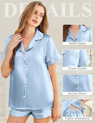 SHEFOTY Silk Pajamas for Women Short Sleeve Sleepwear Soft Button Down Loungewear 2 Piece Satin Pjs Shorts Set S-XXL thumbnail 5