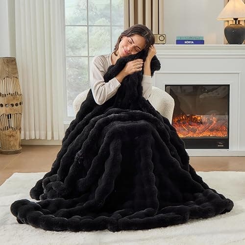 Jeyfull Fluffy Faux Rabbit Fur Throw Blanket - Soft, Luxury, Cozy Thick Warm Decorative Blanket for Bed, Sofa (Throw Size 50''x60'', Black) thumbnail 5