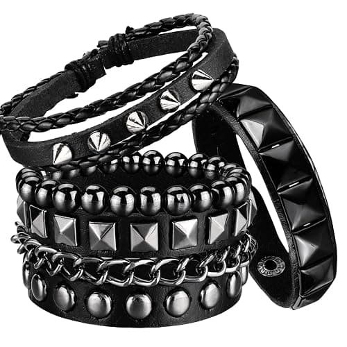 Ulekuke 4 Pcs Punk Rock Leather Studded Bracelets for Men Women 80s Gothic Spike Cuff Bracelet Set Emo Accessories for Rocker Outfits - Image 1