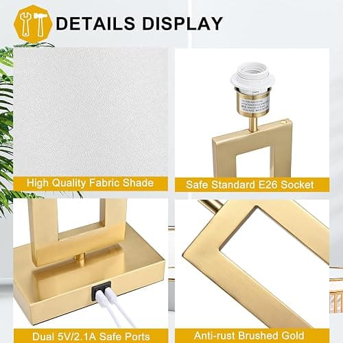 BrightWe 22’’ Set of 2 Touch Control Table Lamps w. 2 USB Ports, 3-Way Dimmable Bedroom Bedside Nightstand Touch Lamps, Modern Gold&White Lamps for Living Room End Table, LED Bulbs Included thumbnail 6