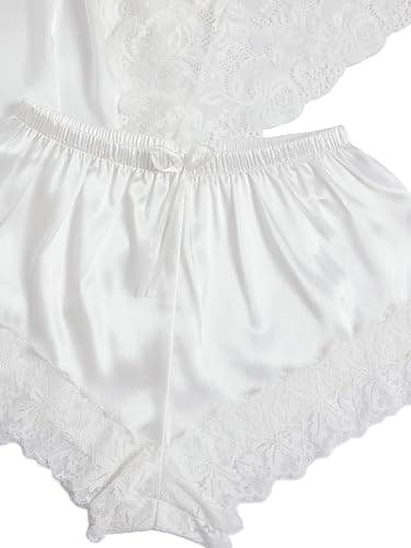 WDIRARA Women' Silk Satin Pajamas Set 4pcs Lingerie Floral Lace Cami Sleepwear with Robe thumbnail 4