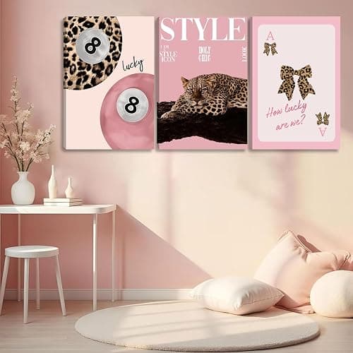 ACWOWO 3 PCS Pink Leopard Bow Canvas Wall Art Fashion Cheetah Painting Poster Lucky 8 Ball Wall Decor Pink Print Pictures for Girls Bedroom Living Room Home Decoration 12 * 16 in (Poster No Frame) thumbnail 4