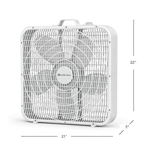 Comfort Zone Box Fan with Carry Handle, 20 inch, 3 Speed Full-Force Air Circulation Window Fan, Bedroom Floor Fan with 5 Blades, White Noise Cooling Fan, White thumbnail 2