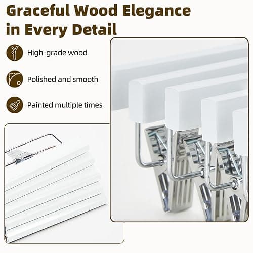 HOUSE DAY Premium Wooden Pants Hangers 25 Pack, Solid Lotus Wood Skirt Hangers with 2-Adjustable Clips, Heavy Duty & Anti Slip Wood Bottom Hanger for Slacks, Jeans, Trousers, Shorts (White) - Pack of 25 - White thumbnail 7