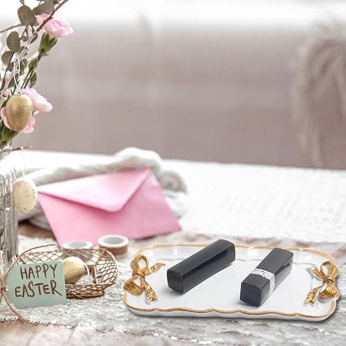 Warmtree Vintage Jewelry Organizer, Decorative Tray for Jewelry, Towel, Storage, Rings, Bracelets, Earrings, Cosmetics, Retro Design, Bow Decor Resin Plate Coquette for Room Decor, White thumbnail 6