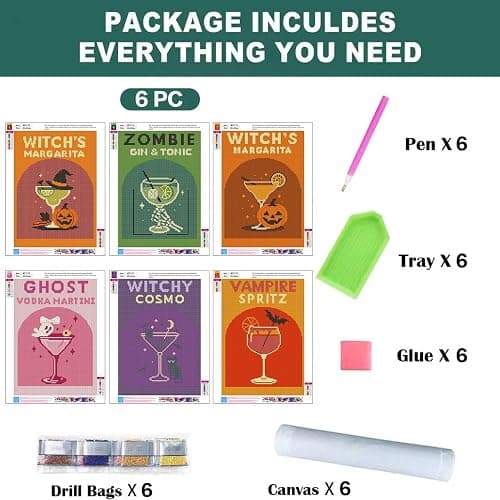 6 Pack Diamond Art Kits for Adults, Cocktail Diamond Painting Kits 12x16 in | Halloween Diamond Art Painting Kits for Adults Beginners, 5D Round Full Drill Diamond Art Dots Gem Art Kits, Home Decor Gifts thumbnail 6