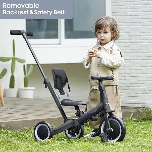 newyoo Toddler Bike, Tricycle w Push Handle for 1-3 Year Old, Birthday Gifts and Toys for Boy's and Girl's Birthday, Convertible 5 in 1 Baby Balance Bike, Kids Outdoor Riding Toys, Black, TR007 thumbnail 2