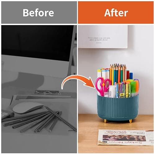 Marbrasse Desk Organiser,360-Degree Rotating Pen Holder for Accessories with 5 Compartments Pencil Organiser,Pen Storage Box Caddy for Office,Home(Dark Green) thumbnail 3