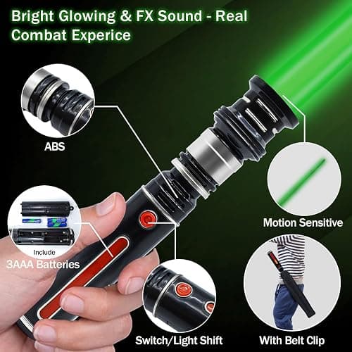 ANNDOFY Light Up Saber for Kids, Green Light Swords with FX Sound, Expandable Light Swords Set for Galaxy War Fighter Warriors Halloween Dress Up Parties (with Belt Clip) thumbnail 4