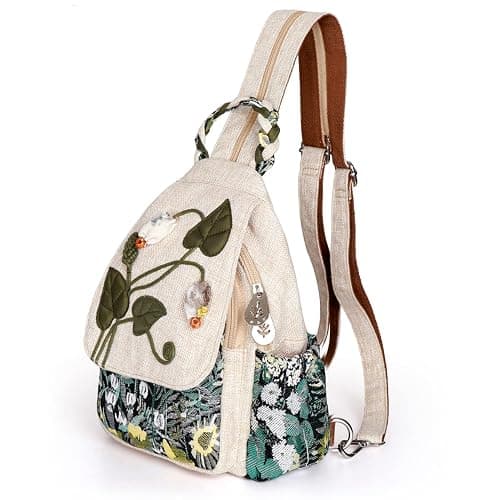 Girl's Convertible Sling Bag, Hand Craft Artisan Purse, Beautiful Canvas Premium Casual Day Mini Backpack for Women (Green Marsh) - Image 1