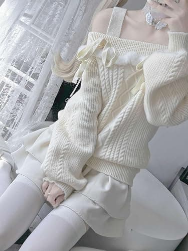 Cuteighteen Kawaii Sweater Teens Lolita Off The Shoulder Tops Women Knit Cutecore Clothes Japanese Y2K Trendy Cute Sweaters thumbnail 2