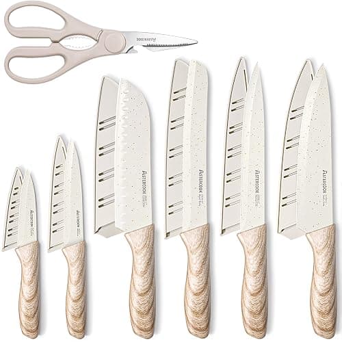 Astercook Knife Set, 13 Pieces Kitchen Knives Set with Ceramic Coating, Stainless Steel Chef Knife Sets with 6 Blade Guards, Dishwasher Safe Knives with Wooden Handle, White - Image 1