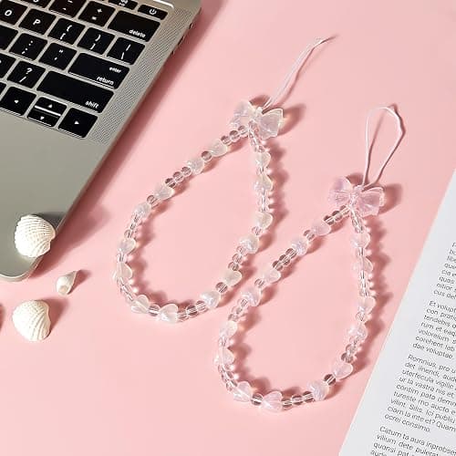 inewateri 2 Pack White & Pink Sparkling Bowknot Love Beaded Chain-Phone Lanyard Set, Multi-Purpose Cellphone Bag Key Accessory, Aesthetic Wrist Strap for Women Girls - Sparkle thumbnail 7