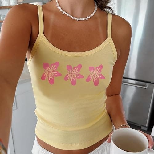 Women Floral Tank Tops Y2K Sleeveless Scoop Neck Spaghetti Strap Crop Cami Shirt Teen Girls Summer Coastal Top thumbnail 5