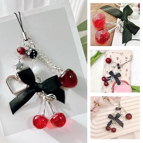 Muorruo Handyanhänger-Gurt, süße Kirsch-Handygurte, ästhetische rosa-rot-Schwarze Blaukirschen-Handykette, Y2K-Zubehör für Kamera-Schlüsselanhänger-Taschenanhänger-Dekor-Geschenk thumbnail 5