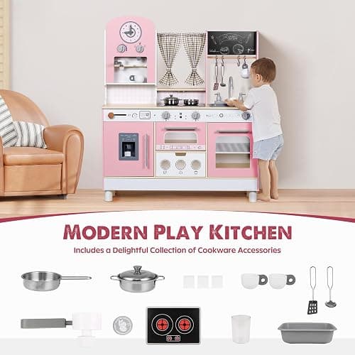 EDUBEBO Kids Kitchen playset, Wooden Play Kitchen, Height Adjustable, Comes with Various Kitchen Accessories, Ideal Role Play Toy Gift for Toddlers and Kids Ages 3-8 (Pink) thumbnail 4