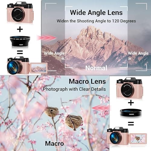 Digital Camera, FHD 4K 75MP WiFi Vlogging Video Camera for YouTube with 3'' 180°Flip Screen, 64GB SD Card, 16x Digital Zoom, 2 Batteries, Point and Shoot Digital Camera for Beginner (Pink) thumbnail 6