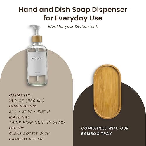 MaisoNovo Glass Dish Soap Dispenser for Kitchen Sink Set of 1-500 ml Dish and Hand Soap Dispenser Set for Kitchen - Clear Glass Bottle with White Bamboo Pump x 1 thumbnail 5