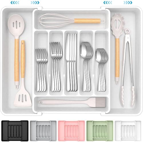 ukeetap Extra Large Expandable Silverware Organizer, BPA-Free Food-Safe Cutlery Flatware Organizer, Kitchen Utensil Drawer Organizer, Adjustable Silverware Holder for Spoons Forks Knives, White - Image 1