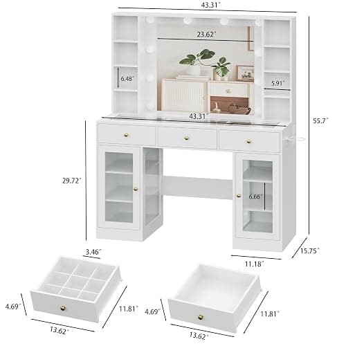 HUANLEGO White Vanity Desk with Mirror and Lights, Glass Top Vanity with Lighted Mirror & RGB Glass Cabinet and 3 Drawers, Makeup Vanity Desk with Lights Dressing Table for Bedroom, 3 Color Modes thumbnail 2
