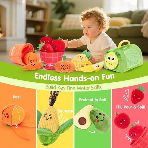 hahaland Montessori Toys for 1 Year Old - Color Sorting Fruits & Veggies Sensory Baby Toys 6-12 Months, 17 PCS Plush Play Food with Caterpillar Storage Bag, Baby Stocking Stuffers First Learning Gifts thumbnail 3