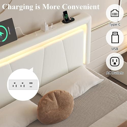 Full Size Bed Frame with 4 Storage Drawers, Upholstered Headboard, White | Modern Bed, Charging Station, LED Light, Adjustable Height Headboard, Noise-Free, No Box Spring Needed, Easy Assembly thumbnail 7