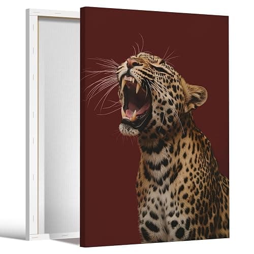 Luxury Leopard Roaring Wall Art High Fashion Red Aesthetic Poster Funky Hypebeast Style Animal Canvas Print Wall Decor for Modern Apartment Living Room Bedroom Office 8x12inch Wooden Framed - Image 1