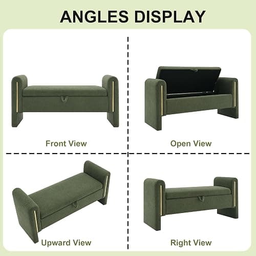 NIOIIKIT 52" Storage Ottoman Bench, Teddy Upholstered Storage Bench with Armrest, Entryway Bench with Pull-Ring, End of Bed Bench, Window Bench for Living Room (Olive Green) thumbnail 6