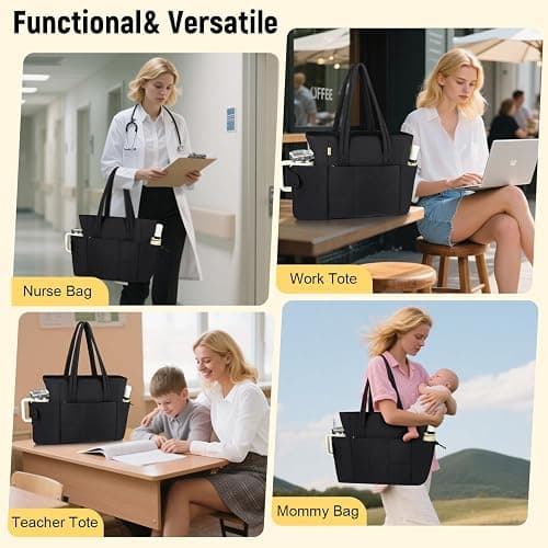 Sambois Puffer Tote Bag with Large Cup Holder& 15.6 Inch Laptop Compartment, Lightweight Puffy Work Bag with Water Bottle Pocket, Large Laptop Tote with Clutch Purse for Commuter Teacher Nurse (Black) thumbnail 8
