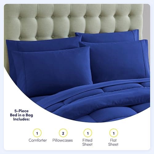 Sweet Home Collection 5 Piece Comforter Set Bag Solid Color All Season Soft Down Alternative Blanket & Luxurious Microfiber Bed Sheets, Royal Blue, Twin thumbnail 5
