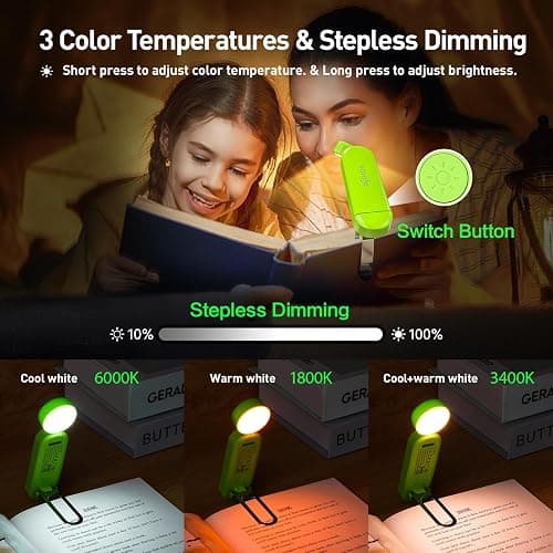 VAVOFO USB Rechargeable Book Light, Blue Light Blocking, Amber Light Clip On Bookmark Shaped Reading Light, Eye Care 6 LEDs Book Light for Bookworms Reading in Bed with 9 Lighting Modes (Neon Green) thumbnail 4